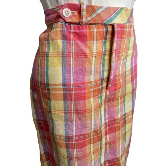 Ralph‎ Lauren Sport Pink Yellow Madras Plaid Linen Pencil Skirt Sz 6 Preppy - Picture 2 of 9